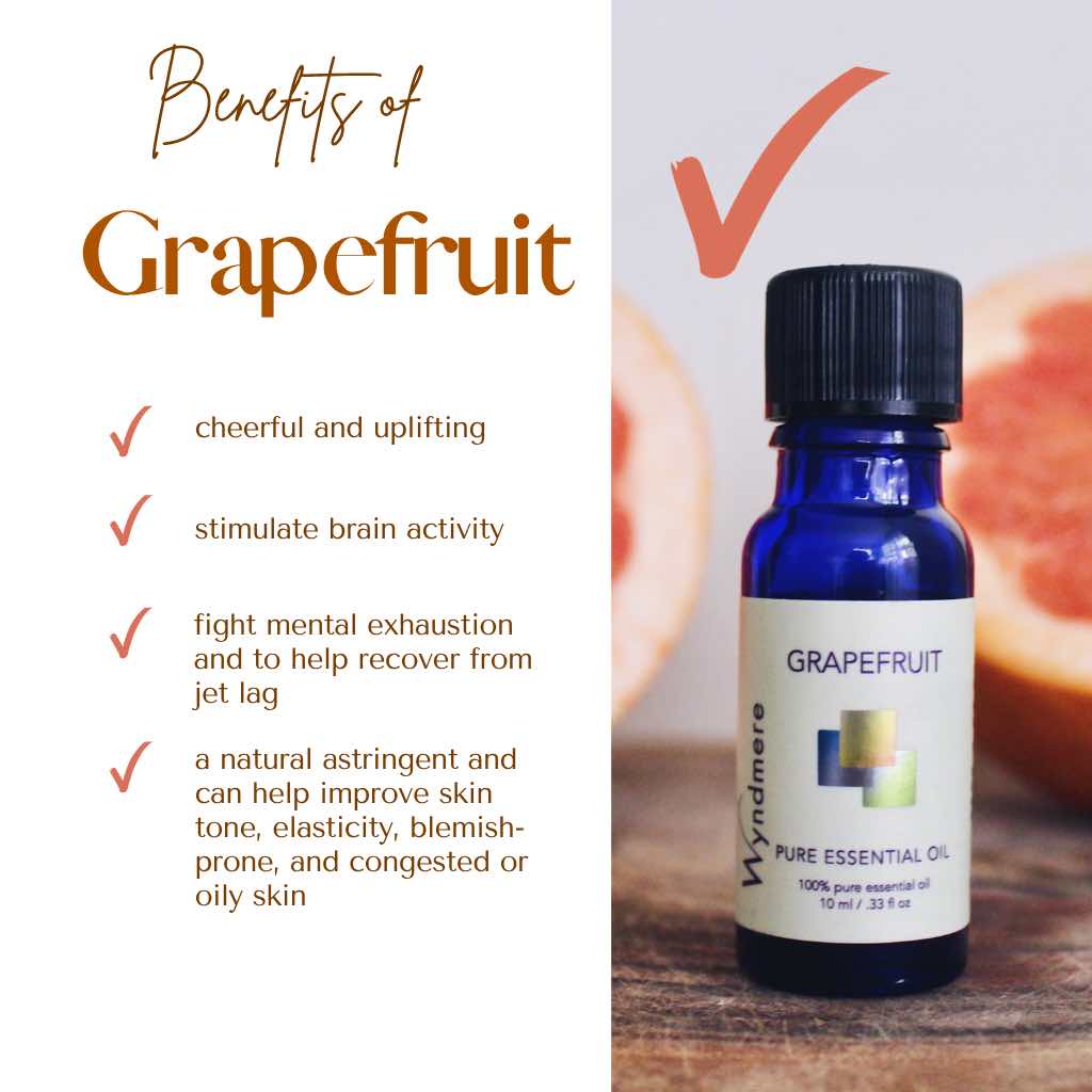 Wyndmere Grapefruit essential oil bottle with benefits listed on a white background