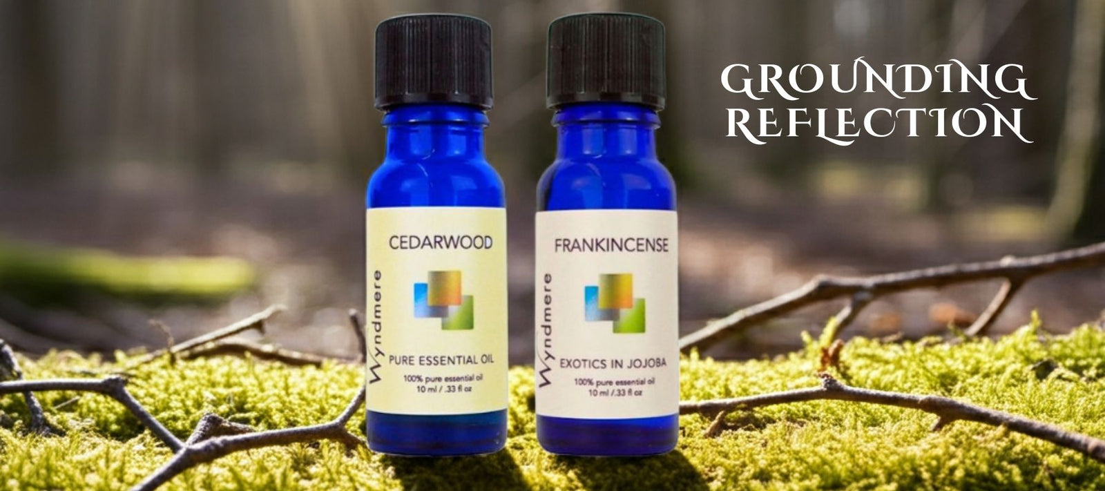 Two essential oil bottles labeled 'Cedarwood' and 'Frankincense' in a forest setting with 'Grounding Reflection' text.