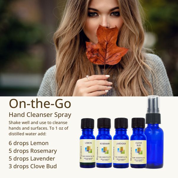 Wyndmere - Autumn image with female smelling a leaf.  Recipe with clove, lemon, and rosemary, and lavender essential oil.