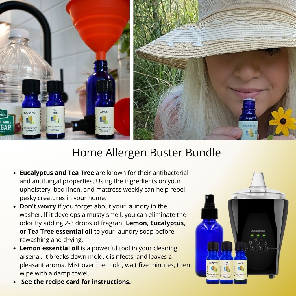 Home allergy recipe bundle with Wyndmere essential oils and a nebulizer on a counter.