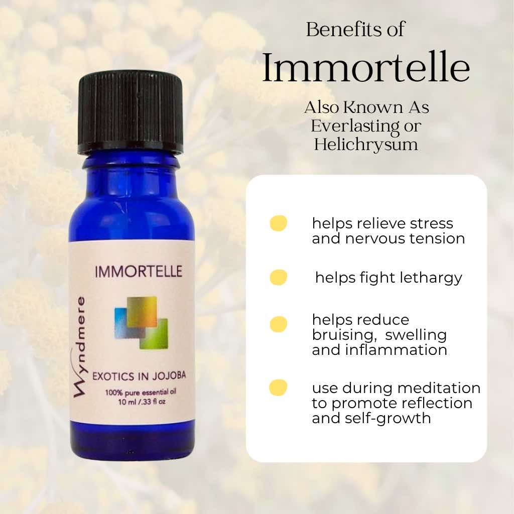 Wyndmere Immortelle essential oil bottle with benefits listed on a textured beige background