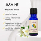 Cobalt blue bottle of Wyndmere Jasmine oil with jasmine flowers on a white background