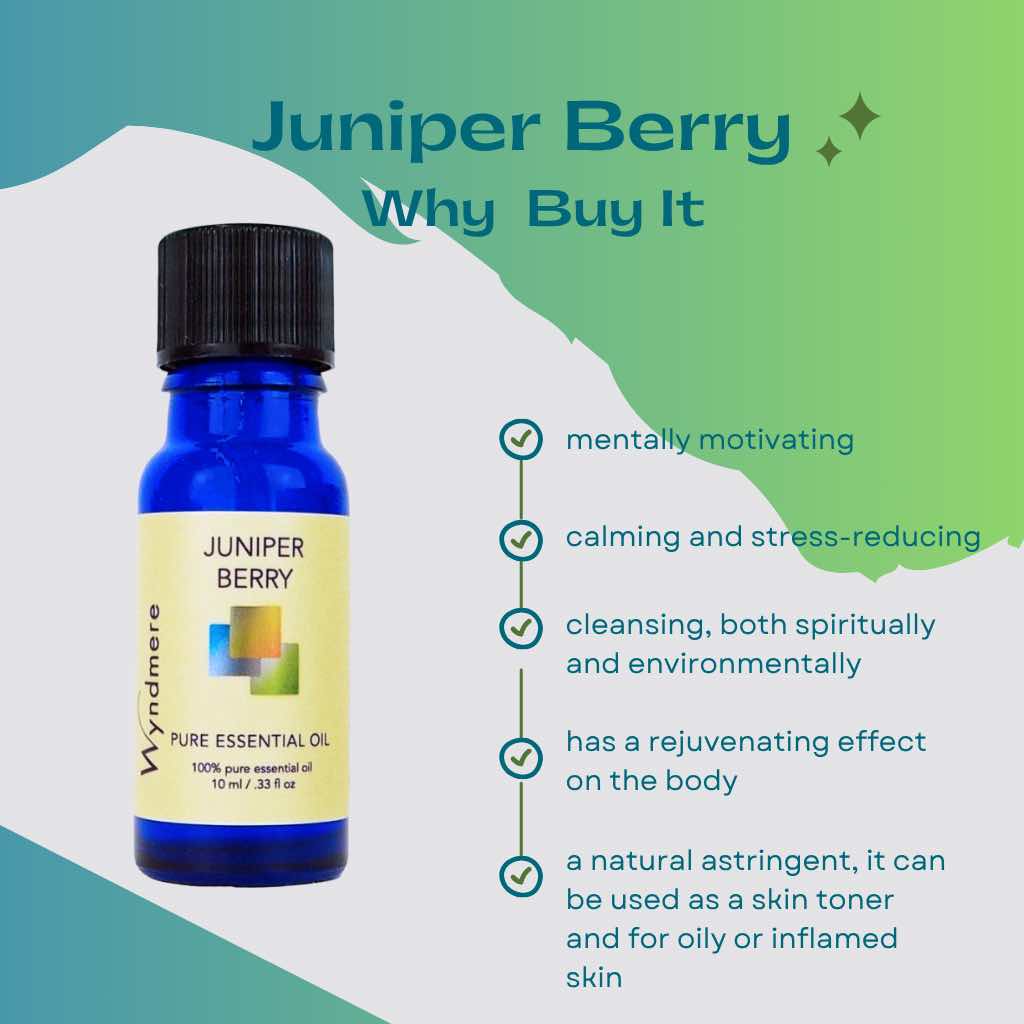 Cobalt blue bottle of Wyndmere Juniper Berry essential oil, infographic on a green and blue gradient background