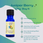 Cobalt blue bottle of Wyndmere Juniper Berry essential oil, infographic on a green and blue gradient background