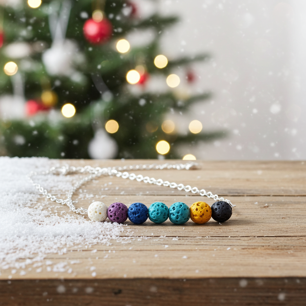 Wyndmere necklace with colorful beaded pendants on a wooden surface with a Christmas tree in the background.