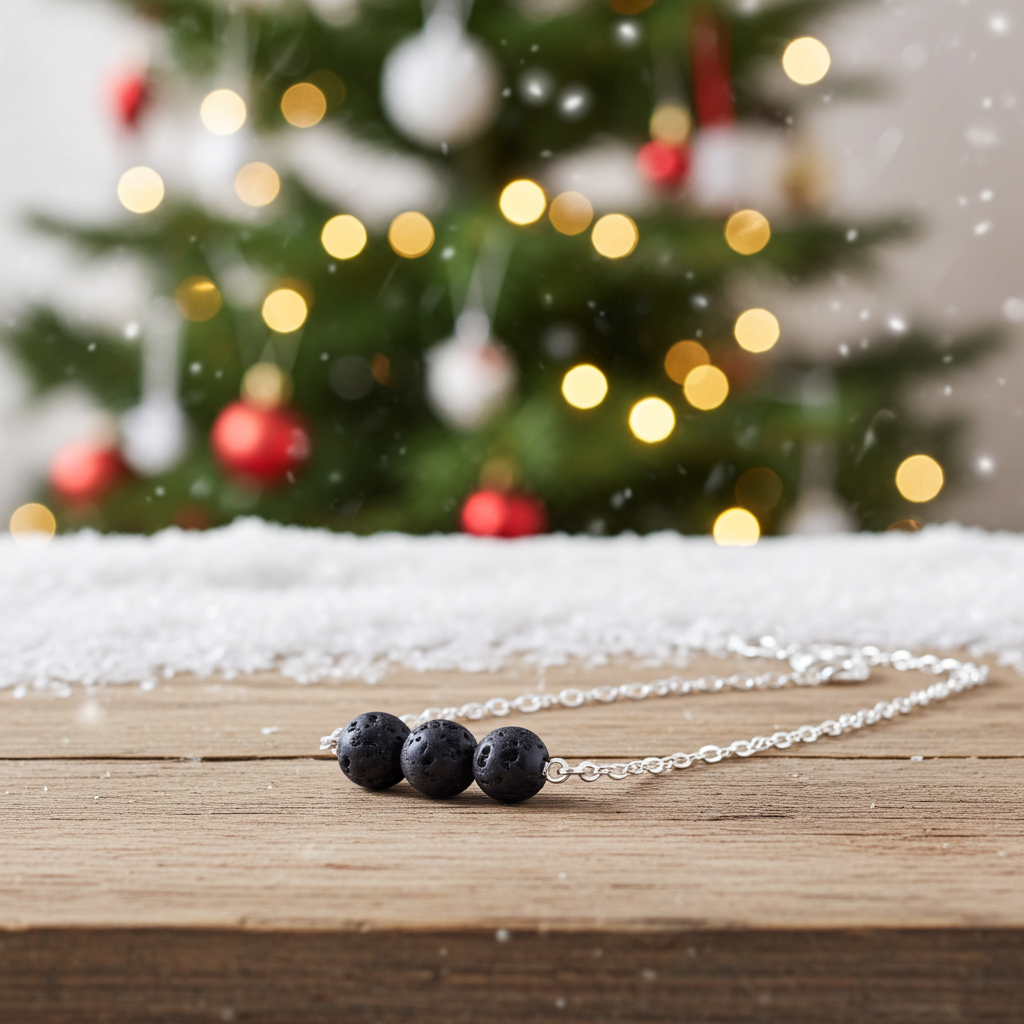 Wyndmere necklace with three dark beads on a wooden surface in front of a Christmas tree with lights.
