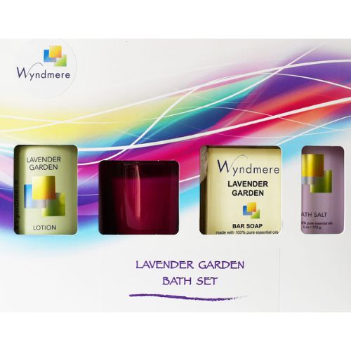 Decorative box of Lavender Garden lotion, candle, soap and bath salt to help soak away the stress of the day.