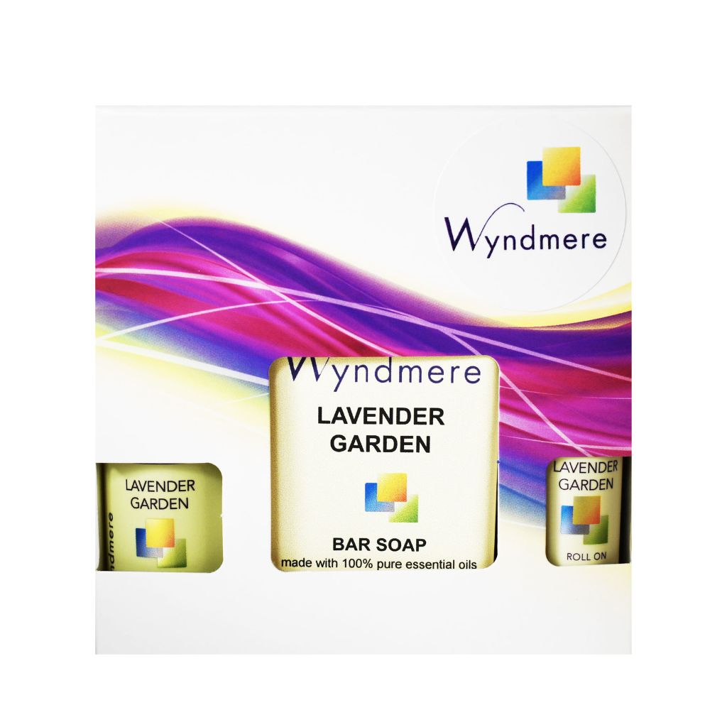 Decorative box set of Wyndmere Lavender Garden lotion, soap and roll-on