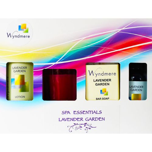 Decorative box set with Lavender Garden lotion, soap, candle and body mist for easing nervous tension