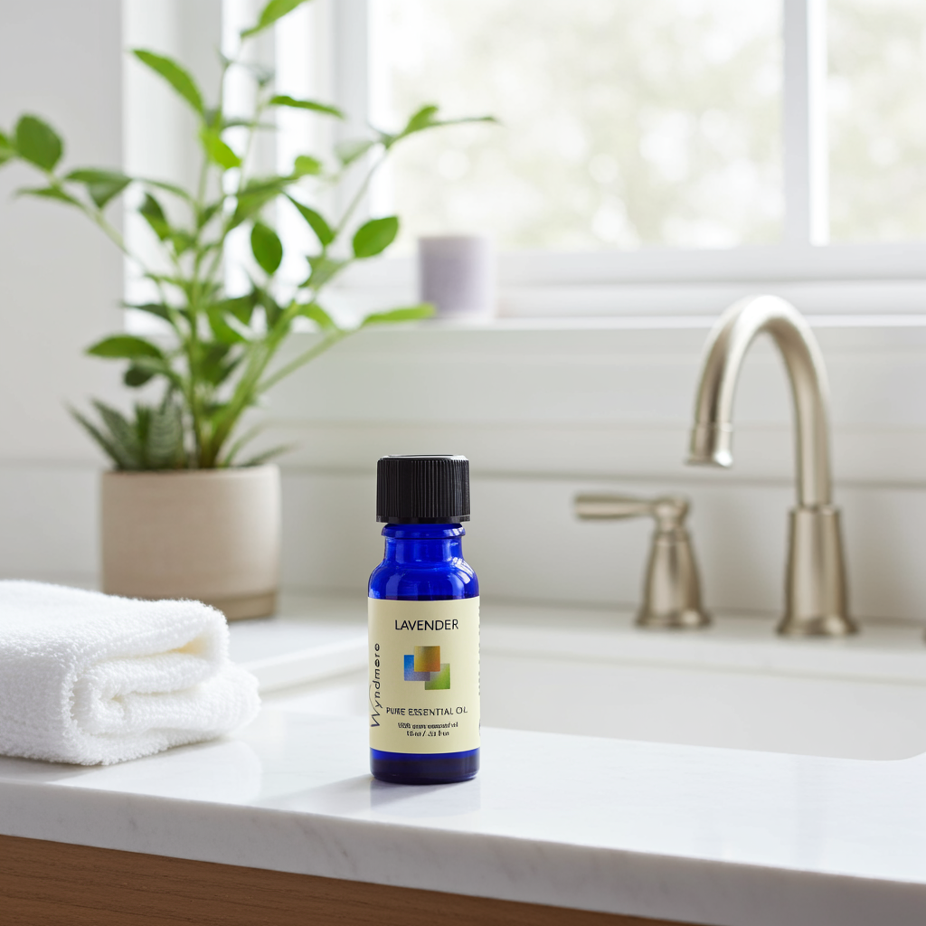 Lavender essential oil bottle on a bathroom counter with a plant and faucet in the background