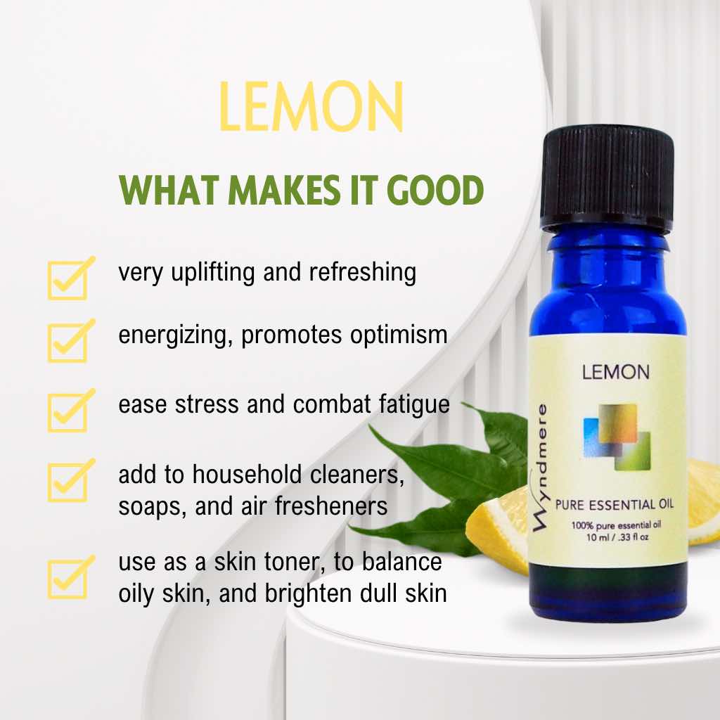 Wyndmere lemon essential oil bottle with benefits listed on a white background