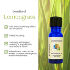 Bottle of Wyndmere Lemongrass essential oil infographic with green grass