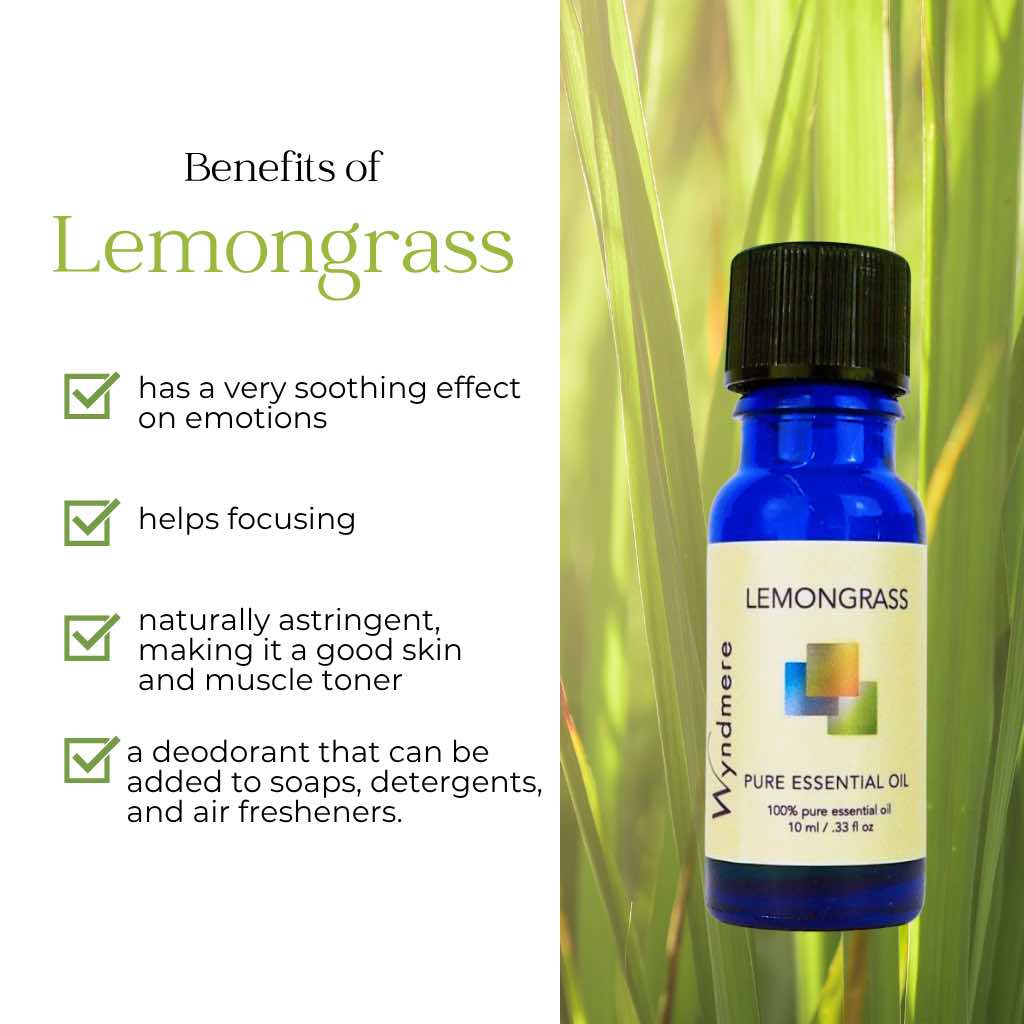 Bottle of Wyndmere Lemongrass essential oil with benefits listed on a white background with green grass.