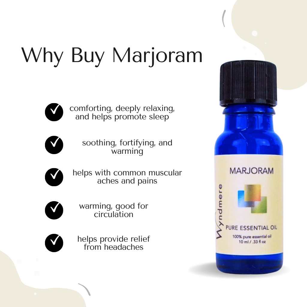 Wyndmere Marjoram essential oil in a cobalt blue bottle, infographic on a white background