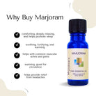 Wyndmere Marjoram essential oil in a cobalt blue bottle, infographic on a white background