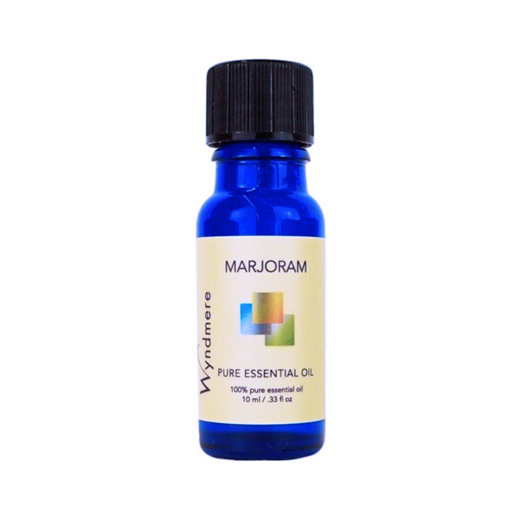 Marjoram - 10ml cobalt blue bottle of Wyndmere Marjoram Essential Oil that has a herbal, deeply relaxing aroma
