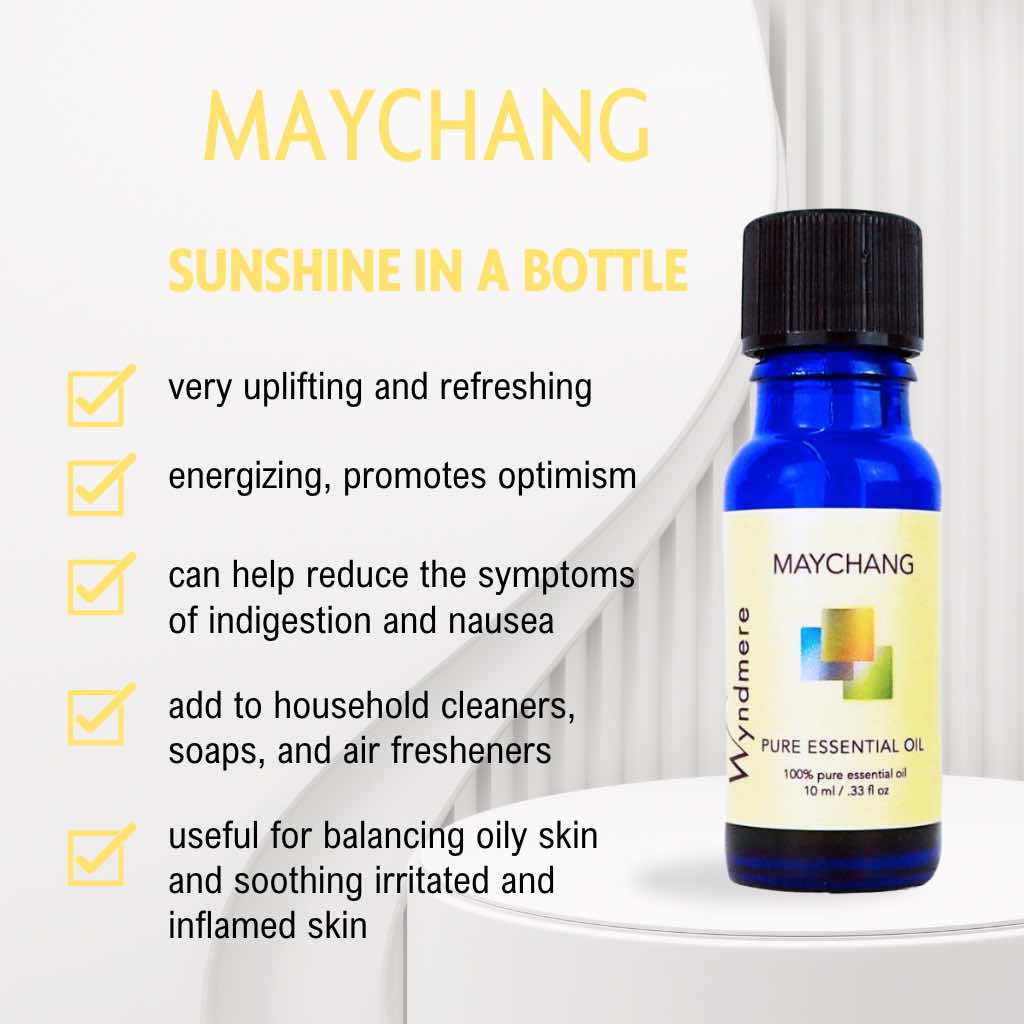 Wyndmere May Chang essential oil in a cobalt blue bottle, infographic on a white background