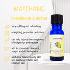Wyndmere May Chang essential oil in a cobalt blue bottle, infographic on a white background