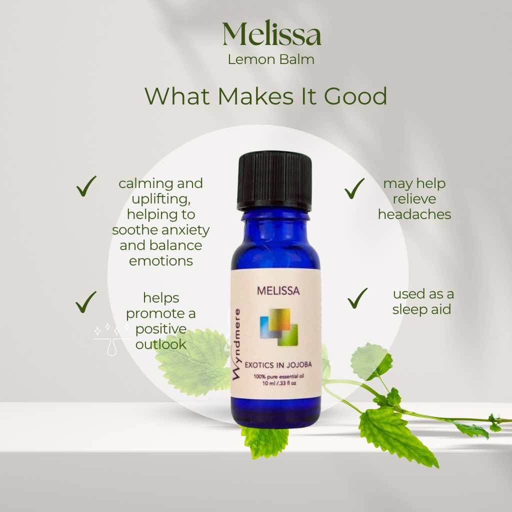 Melissa (lemon balm) essential oil in a cobalt blue bottle with benefits listed on a white background and a sprig of Melissa