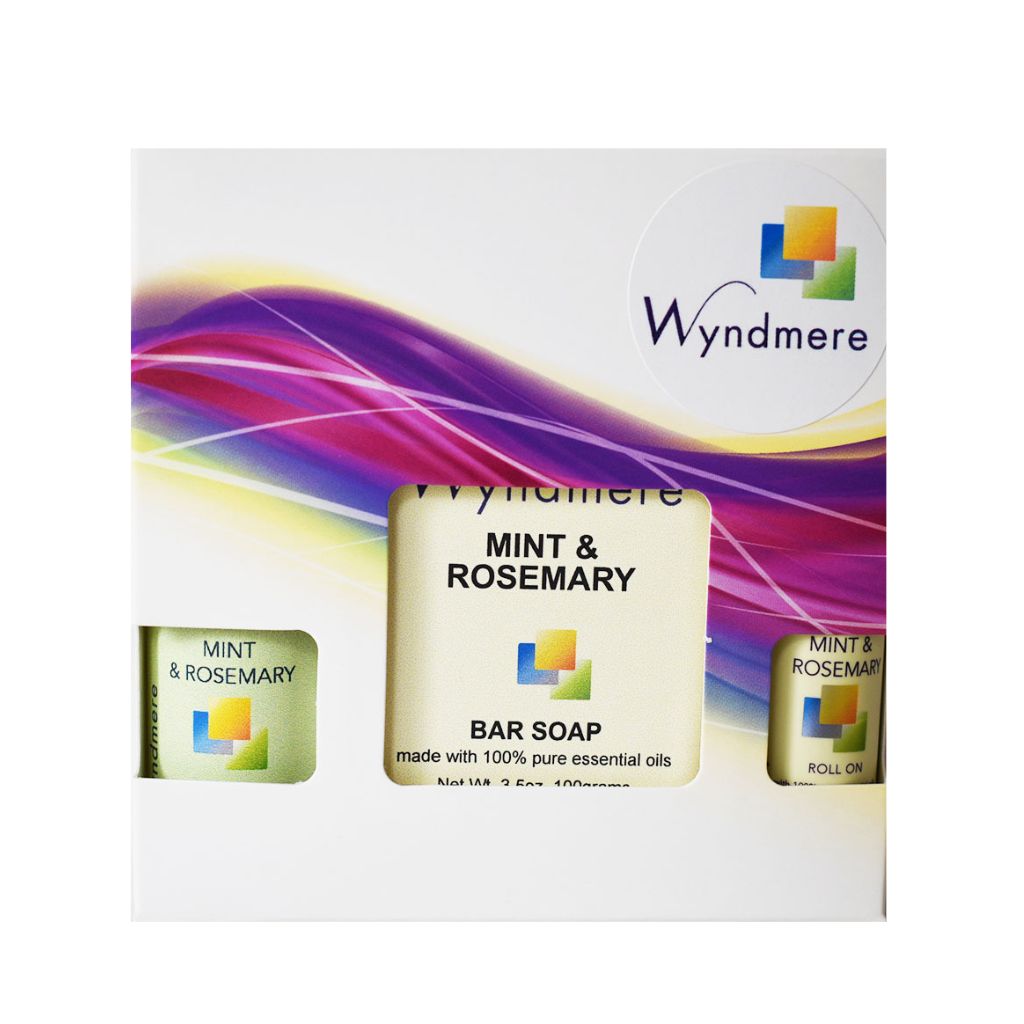 Decorative box set of Wyndmere Mint & Rosemary lotion, soap and roll-on