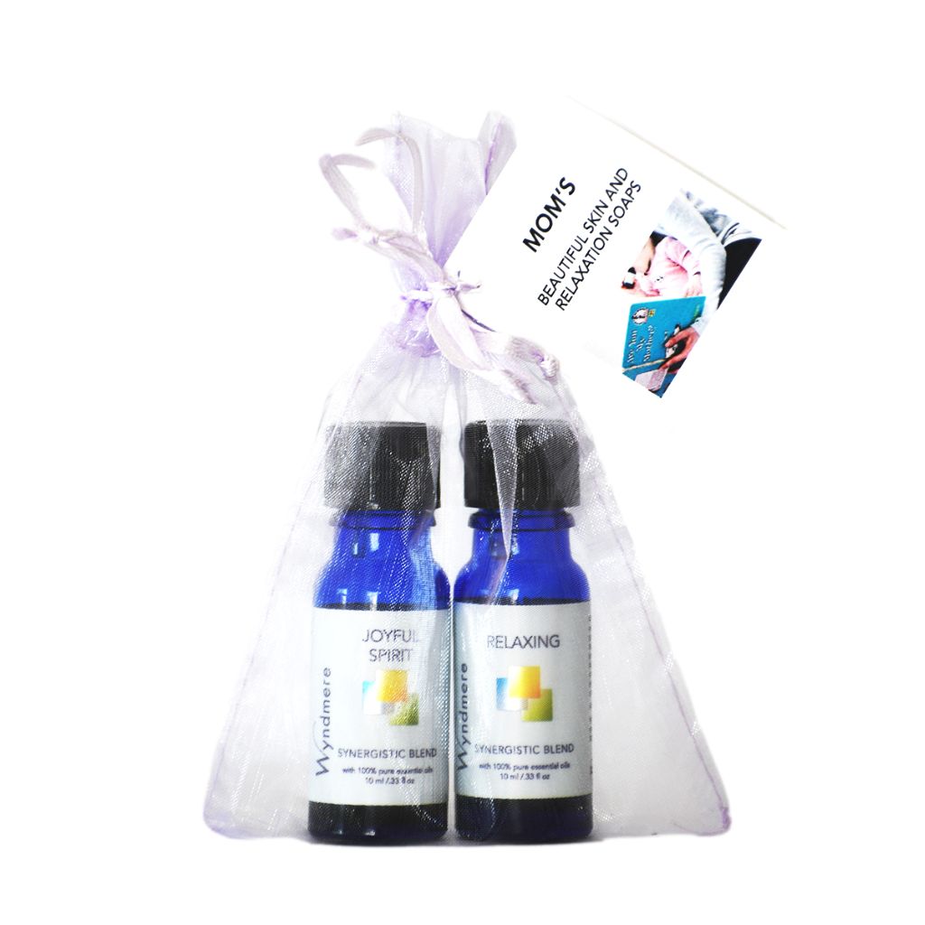 Two essential oil blends in an organza gift bag