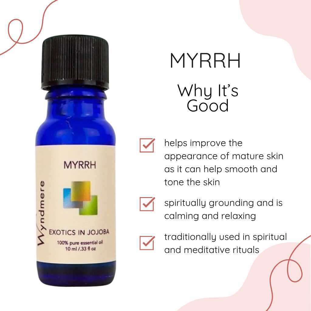 Blue essential oil bottle of Wyndmere Myrrh with a list of beneits on a white background.
