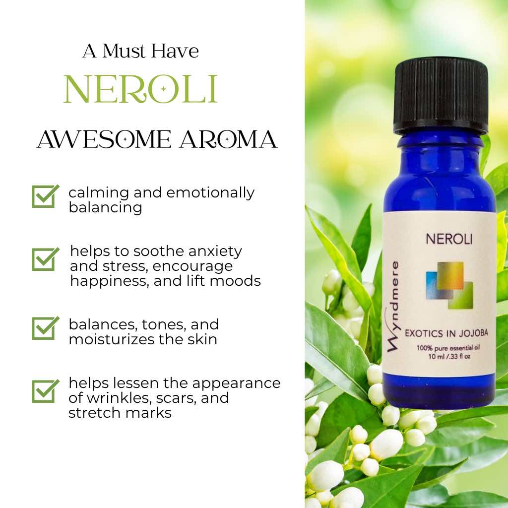 Neroli essential oil bottle with green leaves and white flowers on a blurred natural background with a list of benefits on a white background