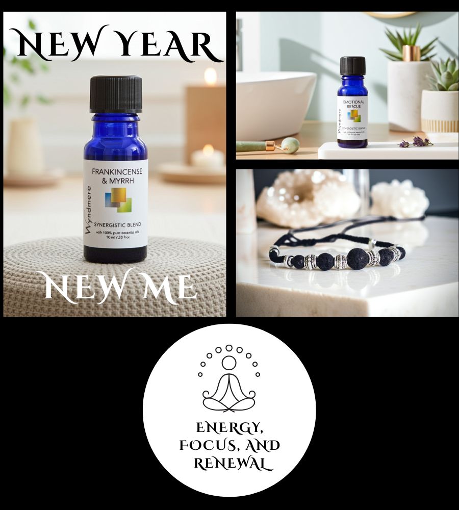 Collage of a Frankincense essential oil bottle, a bracelet, and a New Year's resolution text with a blurred background.