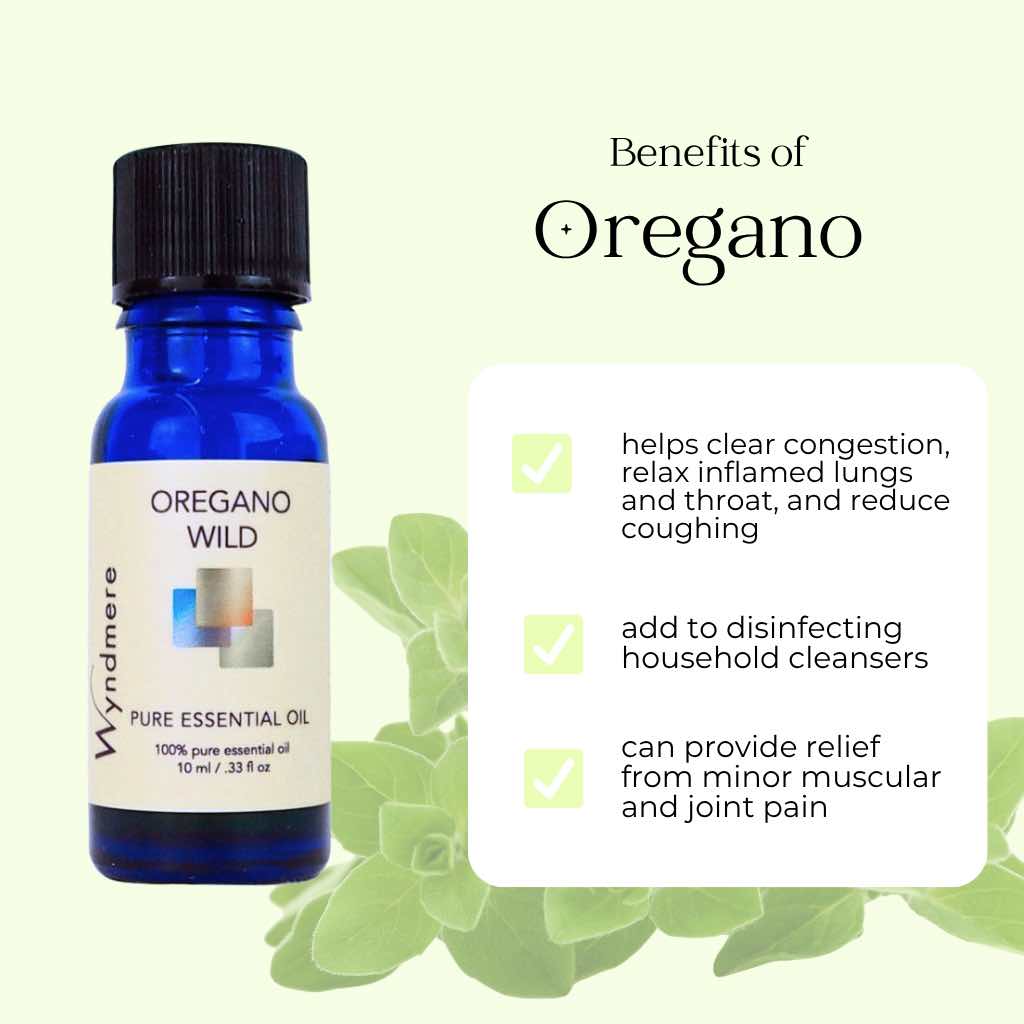 Oregano essential oil bottle with benefits listed on a light green background