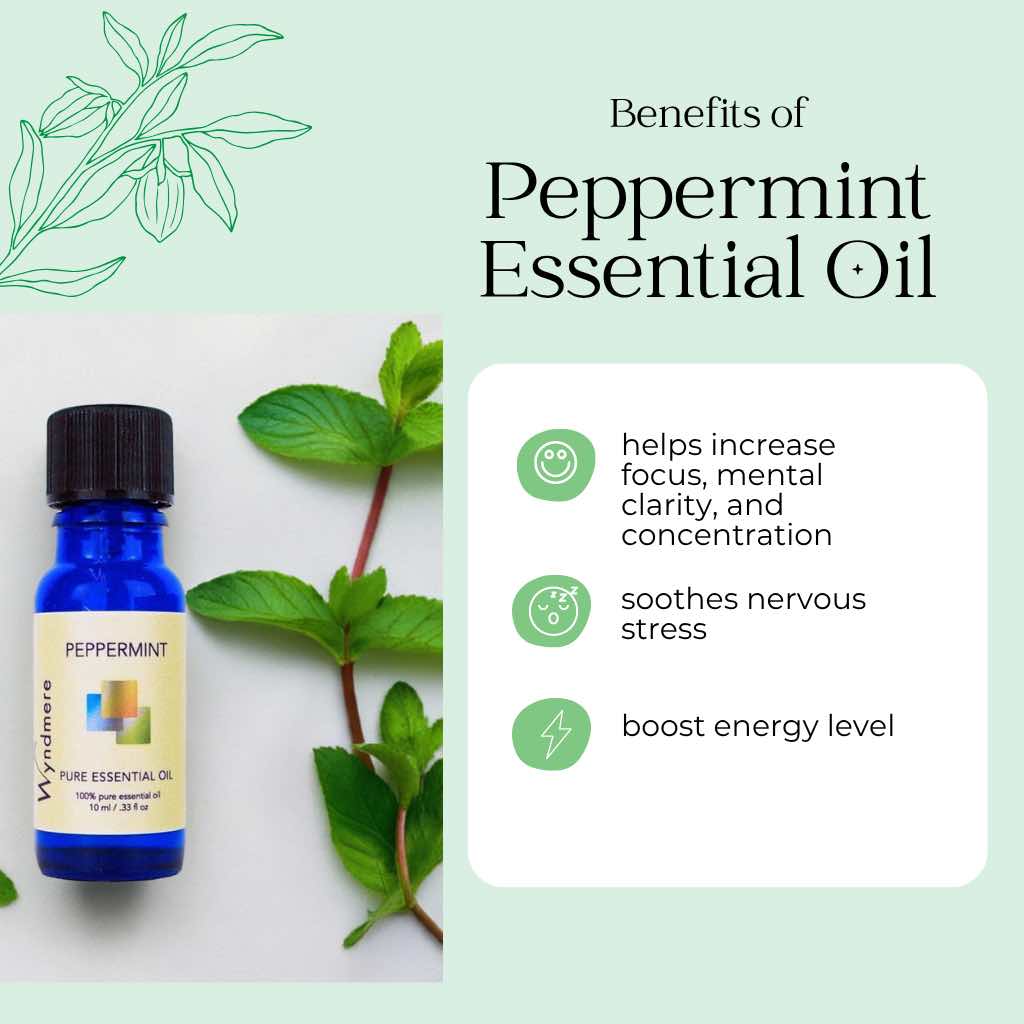 Wyndmere Peppermint essential oil bottle with mint leaves and benefits listed on a light green background