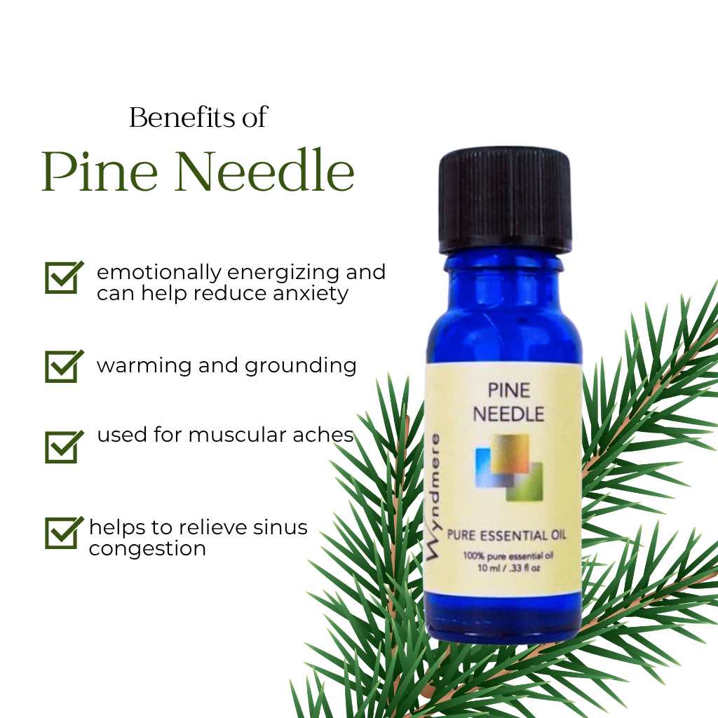 Blue bottle of Wyndmere Pine Needle essential oil with text on benefits on a white background with a sprig of pine needle