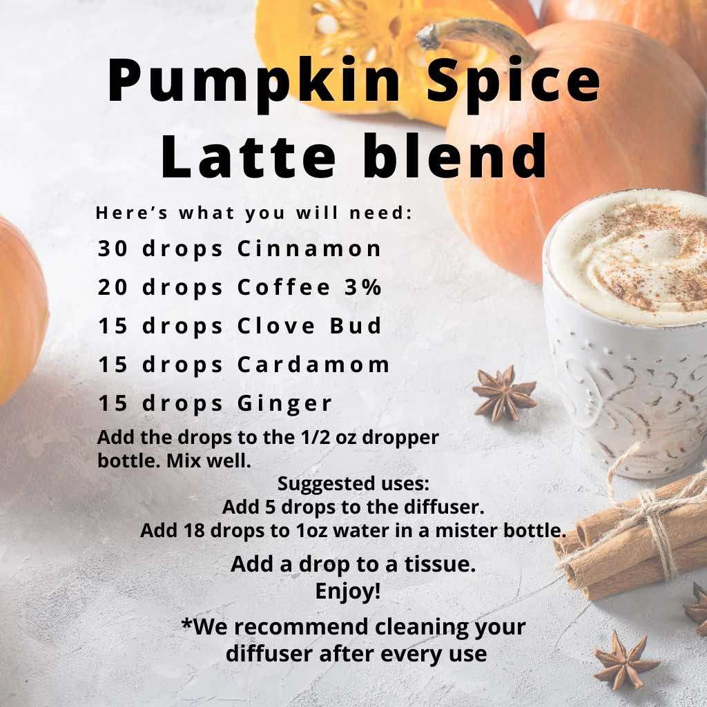 Pumpkin Spice Latte blend recipe with bottle of Clove essential oil