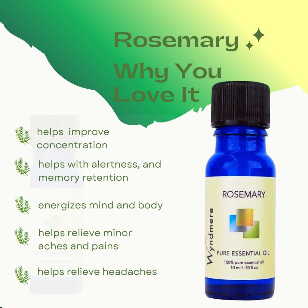 Wyndmere Rosemary essential oil bottle with benefits listed on a gradient background