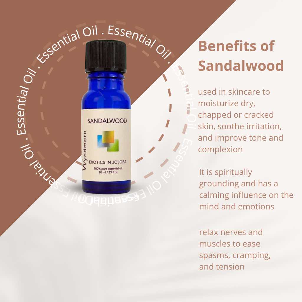Sandalwood essential oil bottle with a list of benefits on a brown and white background