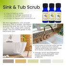An image showcasing a DIY sink and tub scrub recipe bundle. It includes bottles of baking soda, orange essential oil, lemon essential oil, and peppermint essential oil, along with a prepared cleaning solution and a description of how to use it for cleaning a kitchen sink.