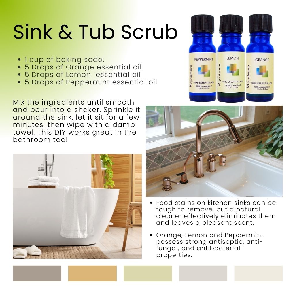 An image showcasing a DIY sink and tub scrub recipe bundle. It includes bottles of baking soda, orange essential oil, lemon essential oil, and peppermint essential oil, along with a prepared cleaning solution and a description of how to use it for cleaning a kitchen sink.
