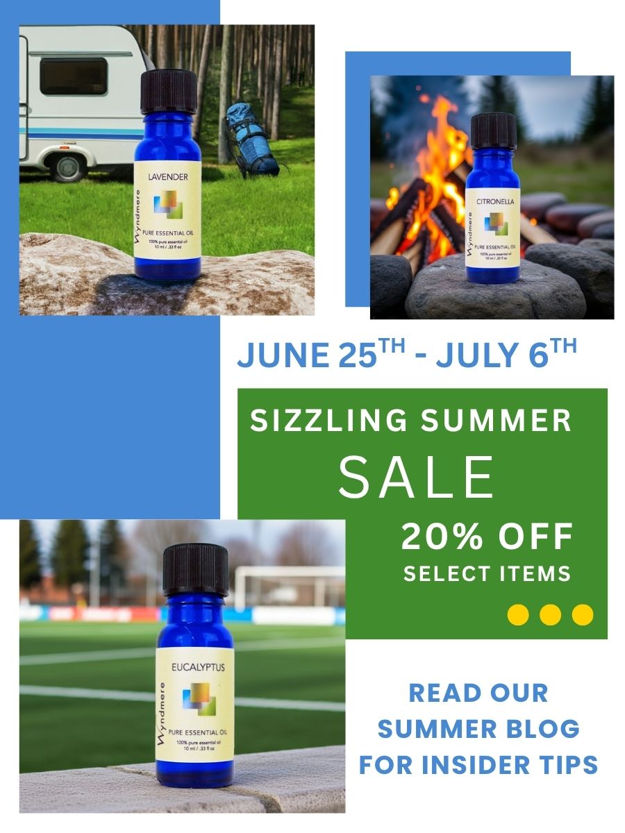 Wyndmere - Sizzling Summer Sale, featuring pictures of Eucalyptus, Lavender, and Citro"20% off our Summer Essentials Collection"ella essential oils. Perfect for camping, golf, and sports events.