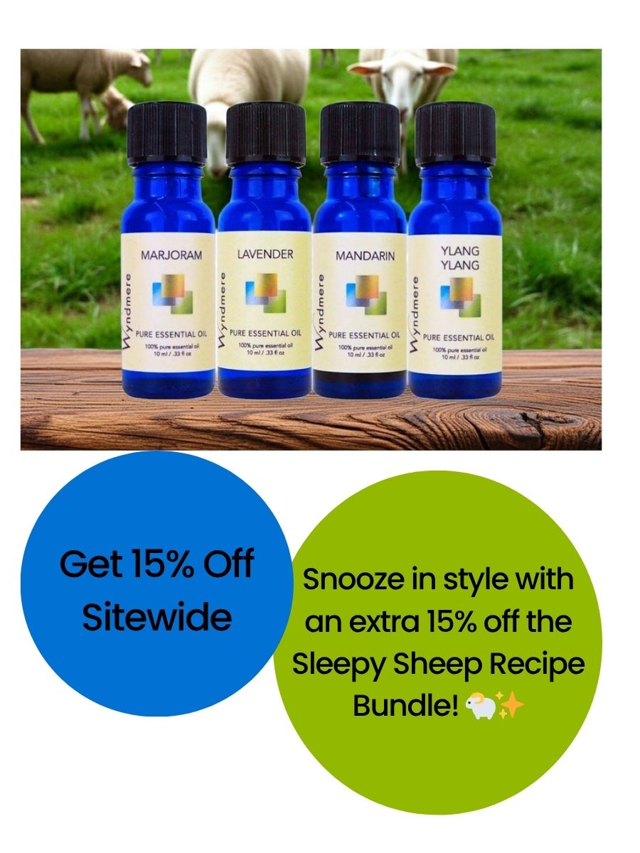 Four bottles of essential oils on a wooden surface with promotional text overlay.