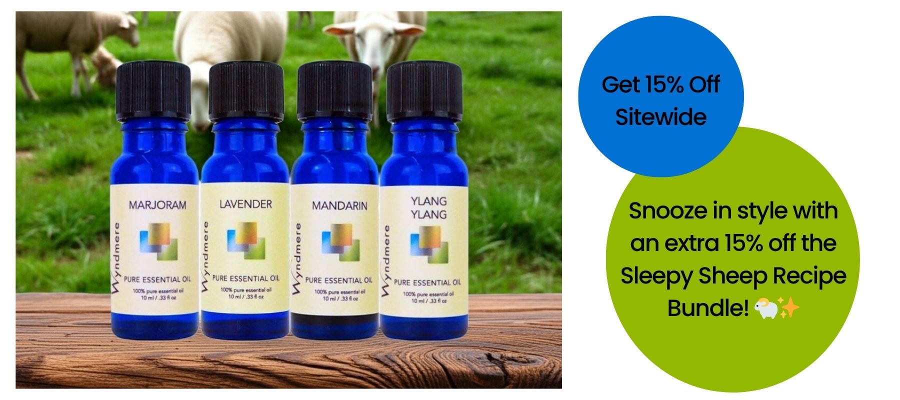 Four bottles of essential oils on a wooden surface with a grassy field and sheep in the background, along with promotional text for a website offer.