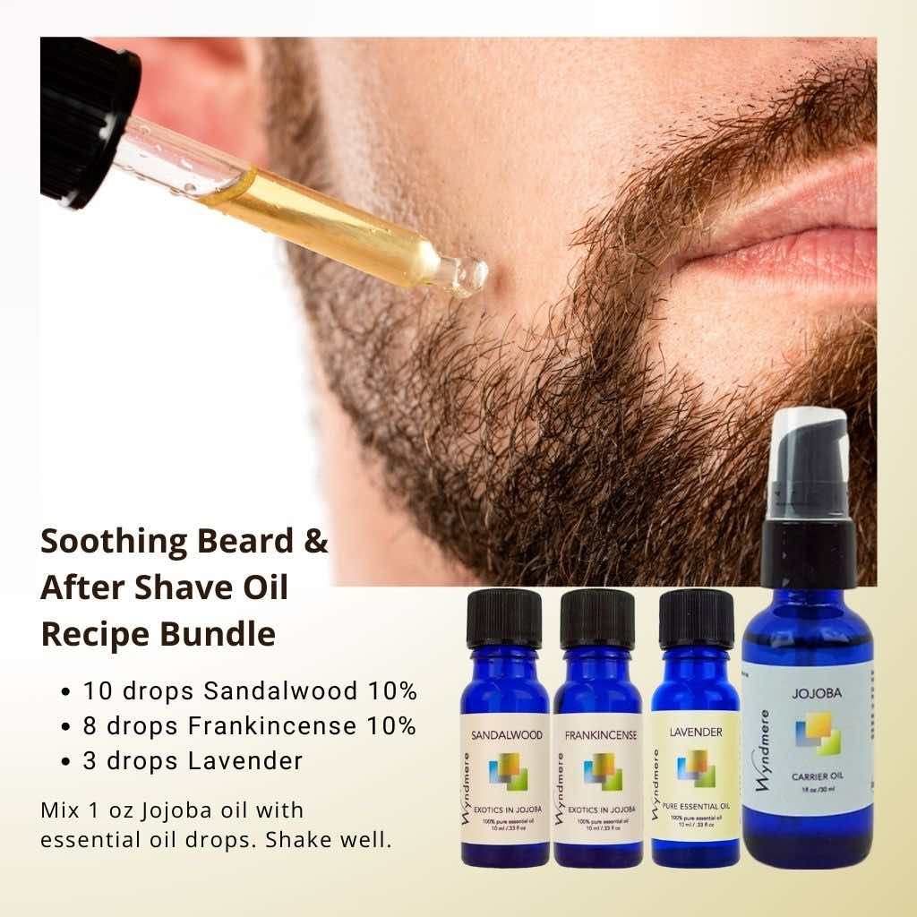 Wyndmere - Soothing Beard After Shave Oil Recipe Bundle with sandalwood, frankincense, and lavender essential oil. Jojoba 1oz.