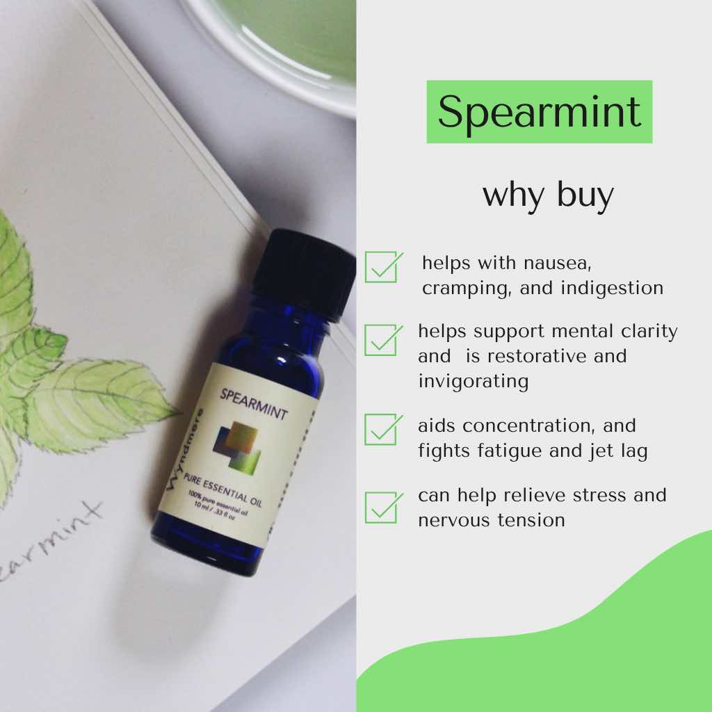 Spearmint essential oil bottle with benefits listed on a white background with green highlights