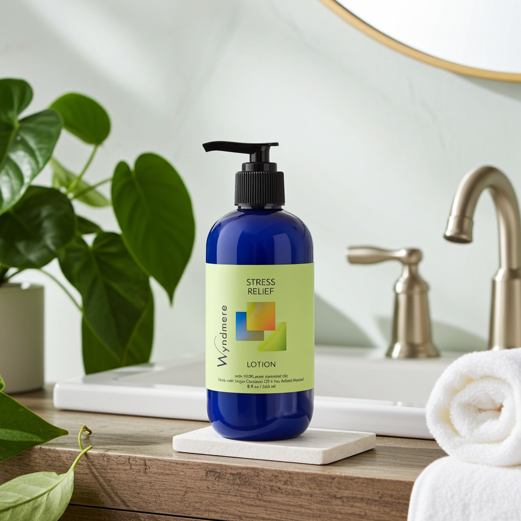 Wyndmere blue lotion bottle labeled &#39;Stress Relief&#39; on a bathroom counter with a plant and mirror in the background.
