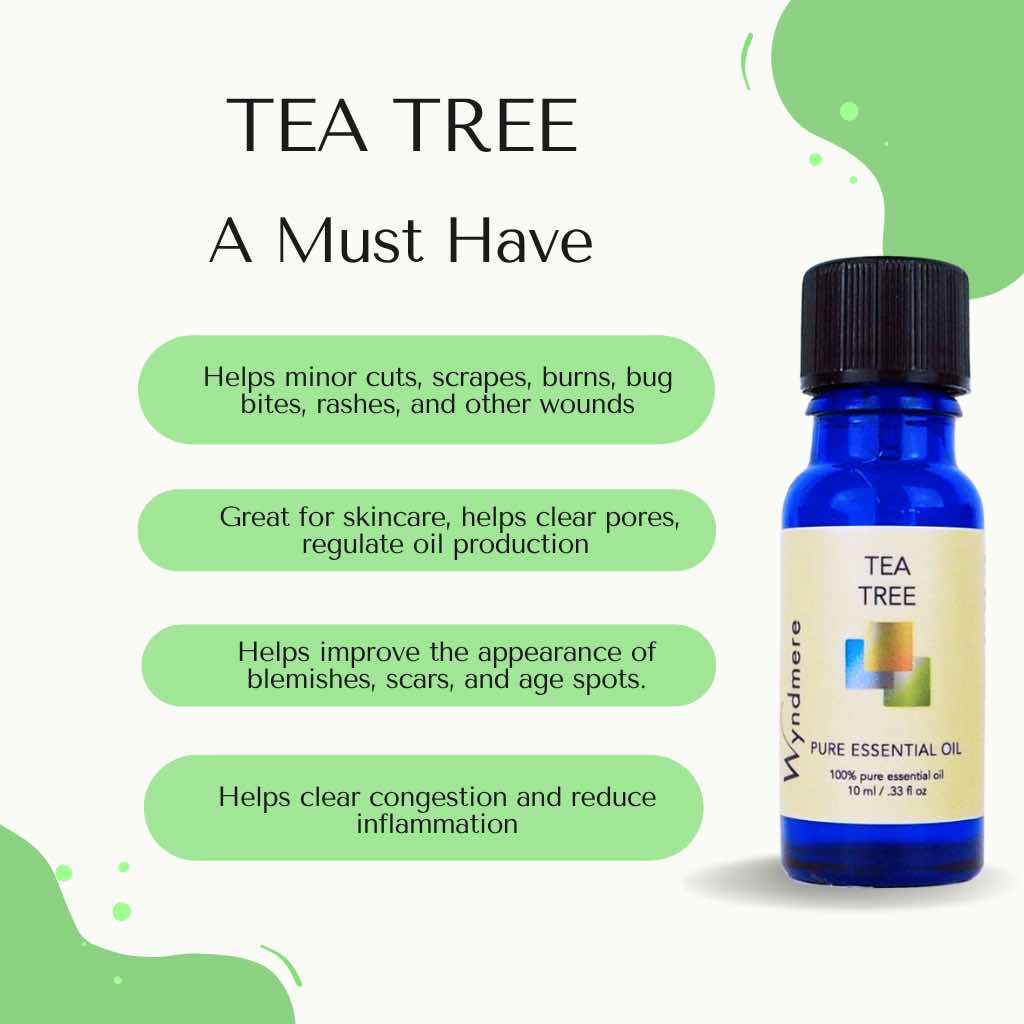 Tea tree essential oil bottle with benefits listed on a white background