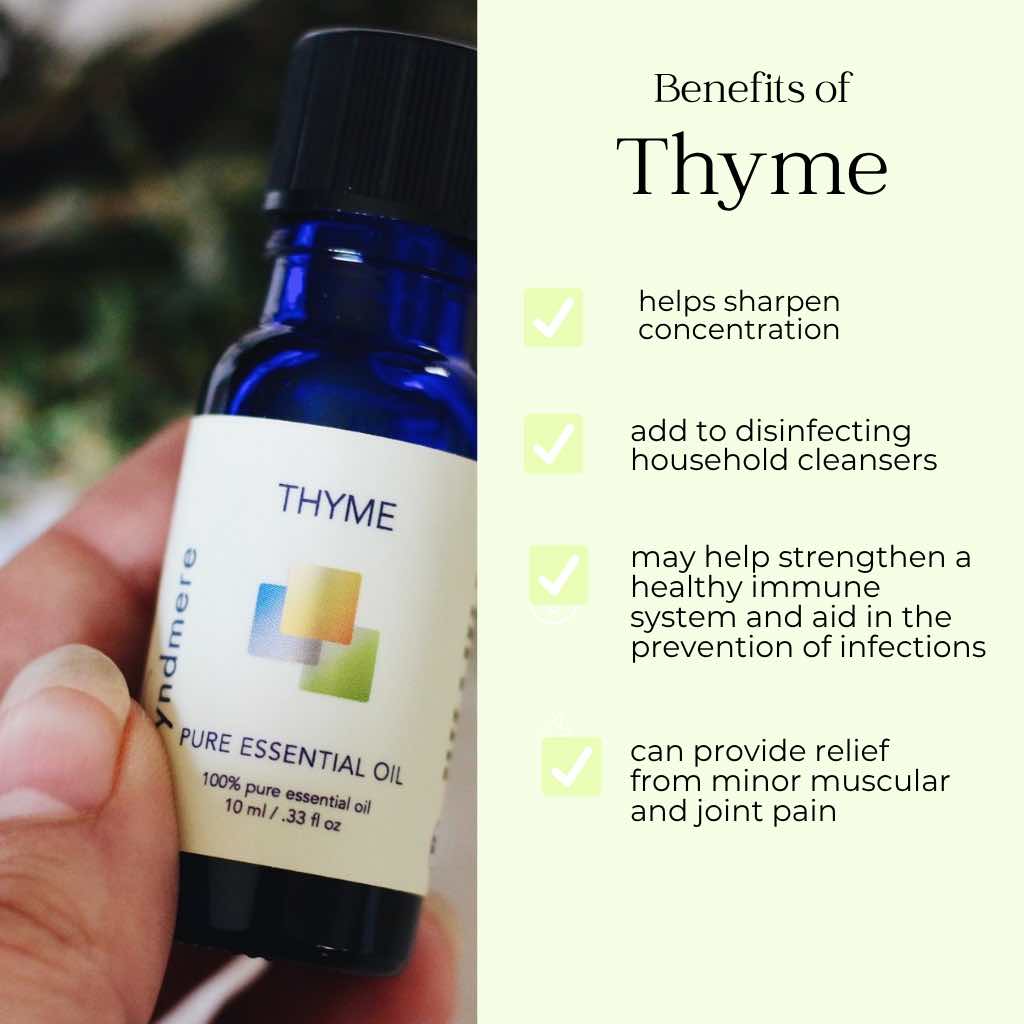 Person holding a bottle of thyme essential oil with benefits listed on a light yellow background