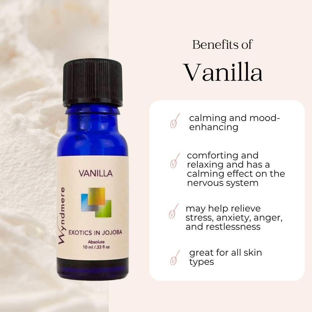 Vanilla essential oil bottle with benefits listed on a light background
