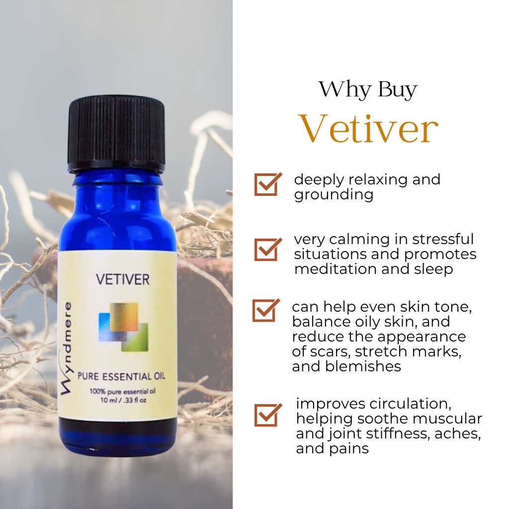 Bottle of Vetiver essential oil on a background of dried vetiver with benefits listed on a white background