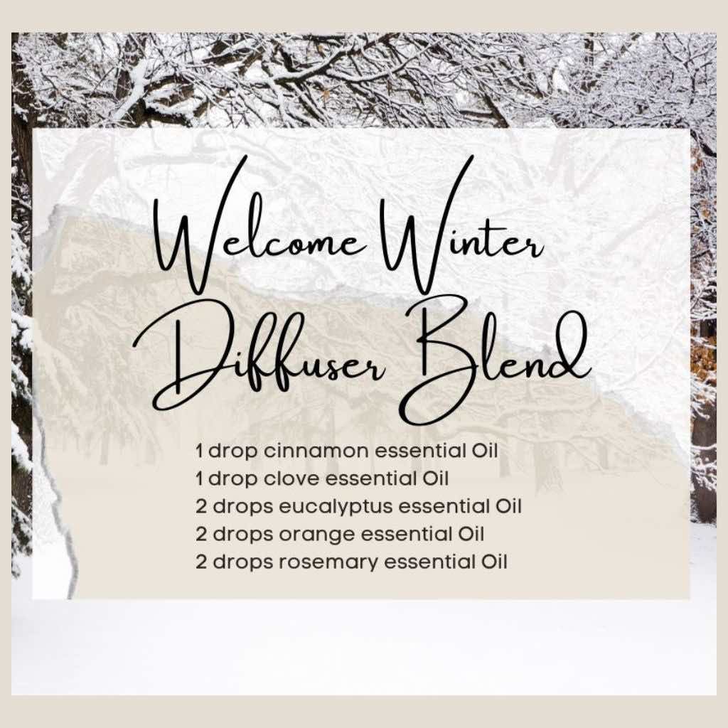 Wyndmere - Welcome winter diffuser recipe with warming essential oils of cinnamon, clove, eucalyptus, orange, and rosemary. Winter background.