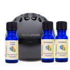 Wyndmere - Uplifting Rise and Shine Recipe Blend. Pictured essential oils peppermint, ylang ylang, spearmint, and black aromasens.