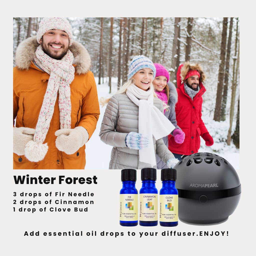 A promotional image featuring people enjoying a winter forest setting, with essential oil bottles and a diffuser, alongside text describing the Winter Forest aroma bundle and usage instructions - Wyndmere 