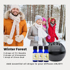 A promotional image featuring people enjoying a winter forest setting, with essential oil bottles and a diffuser, alongside text describing the Winter Forest aroma bundle and usage instructions - Wyndmere 